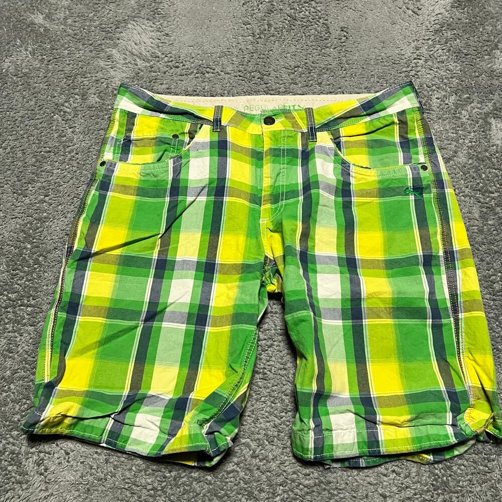 Puma Plaid Shorts Mens 36 Green Yellow Lifestyle Loud